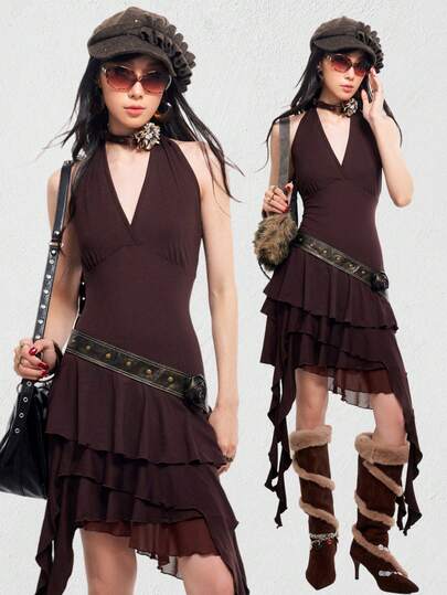 Bloopia Đầm ngắn cổ yếm nhiều lớp xếp nếp kiểu phương Tây màu trơn dành cho nữ