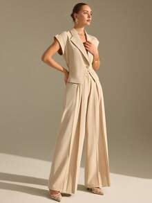 CLARA VERO Beige Sleeveless Blazer And Wide Leg Pants Set: Relaxed Tailored Fit, Perfect For Office Days Or Smart Casual Outings, Made From Soft Non-Elastic Polyester Fabric Featuring Single Covered Button Closure Pant Suit Women Pantsuit For Women Elegant Pant Suit Sleeveless Pant Suit Pant Suits For Woman - Beige - View 4