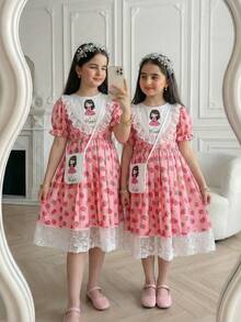 1pc Girls' Traditional Arabic Abaya Dress, Round Neck, Patchwork, Floral Print, Ruffle Trim, Puff Sleeve, Pleated Hem, Mid-Length, Spring/Summer - Pink - View 1