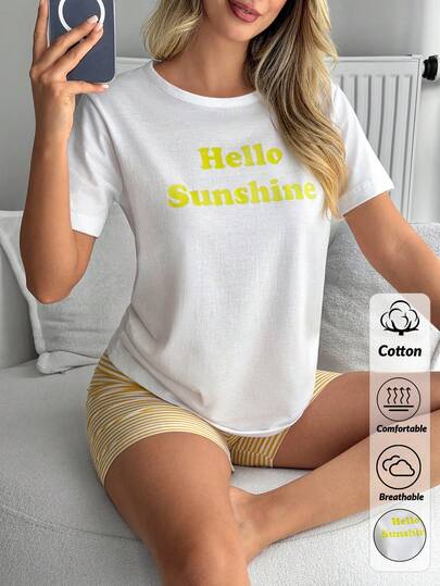 SHEIN "Hello Sunshine" Graphic Tee And Ombre Stripe Shorts Set, Cute, Casual, Lounge Sets, Pajama