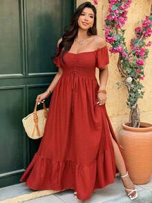 Vionelle Đầm maxi dáng chữ A trễ vai tay ngắn xếp ly xẻ tà, chất liệu jacquard hai tông màu thanh lịch dành cho nữ cỡ lớn, thích hợp cho mùa xuân/hè. - trái cam - Xem 3