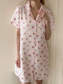 Dream Adore 粉色樱花印花翻领女士睡裙 - 淺粉色 - 查看 5