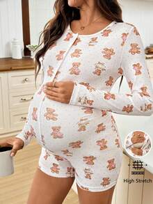 SHEIN Pregnant Women Polka Dot Cartoon Bear Print Long Sleeve Button Front Nursing Romper