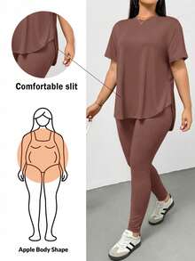 SHEIN Essnce 大码女装春夏时尚休闲运动舒适百搭显瘦日常黑色短袖T恤和打底裤两件套，裤装套装，街头风，机场穿搭，夏季女装，外出穿搭，Y2K风格，极简风，女士教堂着装 - 摩卡棕 - 查看 1