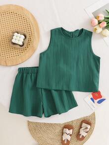 SHEIN 2pcs/Set Tween Girls Casual Textured Fabric Bow Back Camisole Top And Shorts Set - Green - View 3
