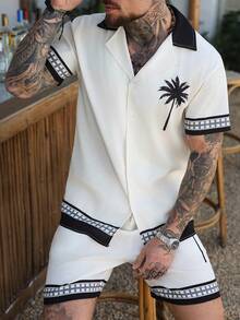 VENTUSAIL 男士几何棕榈树印花纽扣短袖衬衫和抽绳腰短裤套装 - 米色 - 查看 3