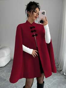Rafferiza 优雅立领撞色中式纽扣斗篷外套，女士款，厚羊毛面料，秋冬红色斗篷，适合冬季、教堂等场合，樱桃红 - 玫瑰紅 - 查看 5
