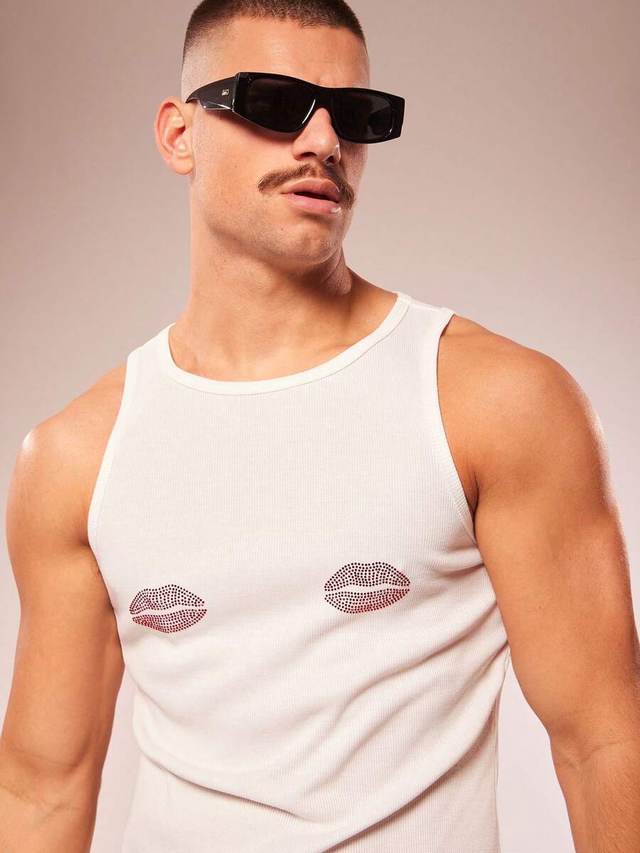 FeverCity Men's Summer Fashion Rhinestone Red Lip Tank Top - White - View 1