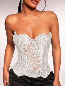 Radiana Elegantes, sexy einfarbiges Spitzen-Criss-Cross Bandeau-Top - Weiss - Übersicht 4