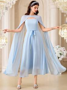 Modelyn Women's Elegant Party Dining Solid Color Hooded Long Dress Baby Blue Autumn - Baby Blue - View 9