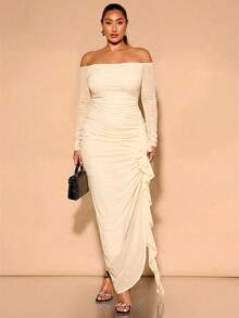 SHEIN BAE Gaun Pesta Maxi Bodycon Berkerut Tanpa Bahu Ukuran Plus Elegan untuk Wanita, Gaun Formal Tamu Pernikahan Warna Hijau Krem Berkerut Warna Beige Musim Gugur yang Elegan - Aprikot - View 6