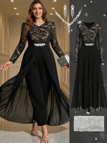 Ellevyn 大码女式撞色蕾丝V领长袖优雅连体裤 - 黑色 - 查看 2