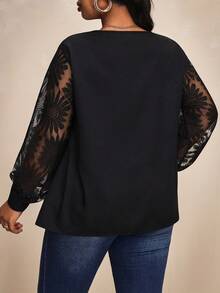 Truni Women Plus Size V-Neck Patchwork Sunflower Lace Splicing Ruffle Sleeve Blouse, Spring, For Pear Triangle Body Shape - Black - View 2