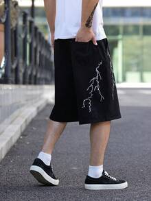 Manfinity EMRG American Streetwear Punk Chic Lightning Embroidery Black Denim Shorts - Black - View 2