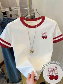 Teen Girl Contrast Trim Cherry Print Short Sleeve T-Shirt, Suitable For Spring/Summer