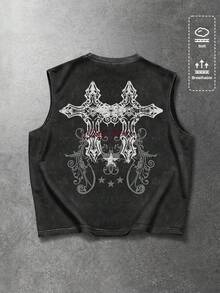 ROMWE MEN Men's Letter & Cross Print Casual Sleeveless Tank Top - Black - View 2