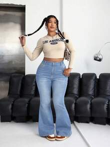 SHEIN ICON Quần jean ống loe dáng rộng, màu sáng, cỡ lớn, kiểu dáng thường ngày. - Rửa nhẹ - Xem 3