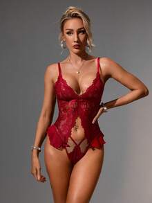 SpicyHot Valentine's Day Sexy Lace Patchwork Hollow Out Ruffle Trim Jumpsuit - Burgundy - View 3