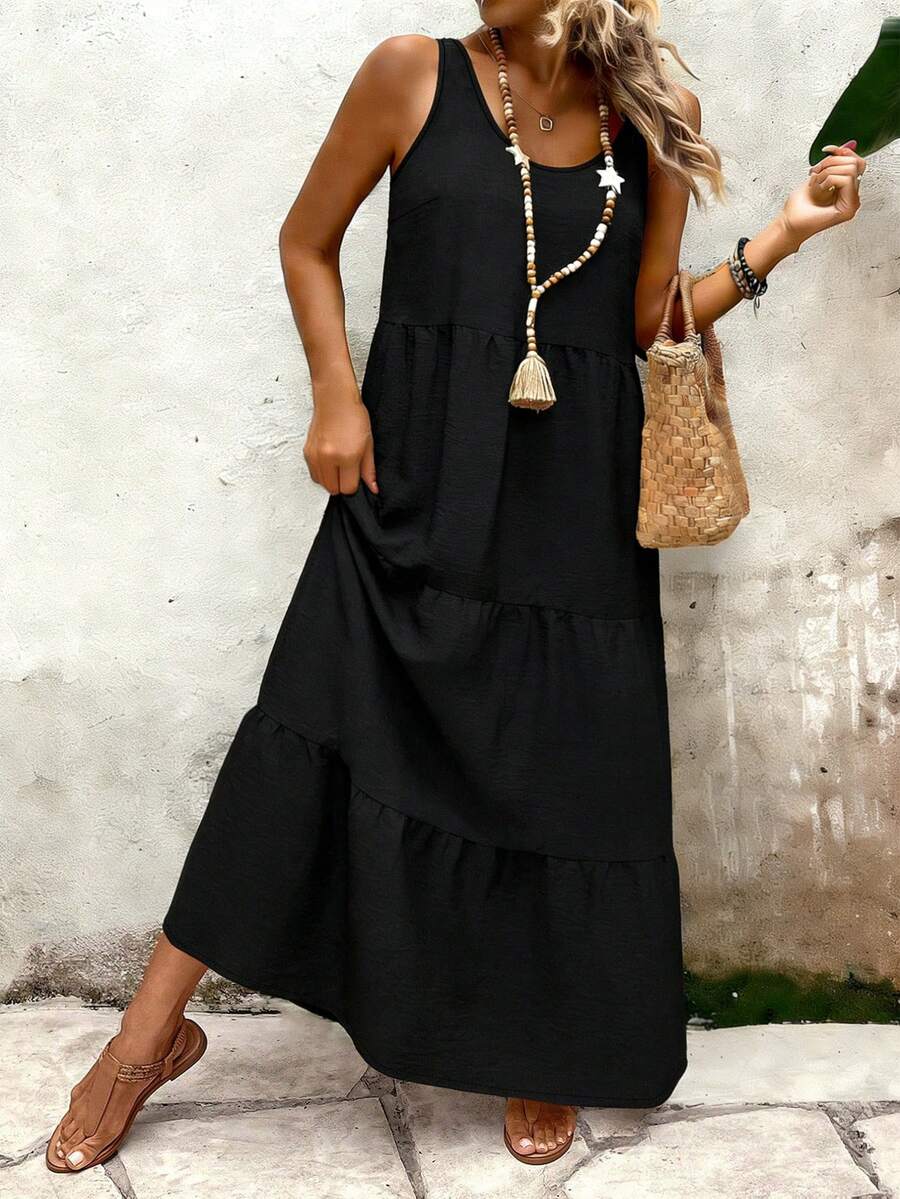 EMERY ROSE Plus Size Sleeveless Solid Color Dress, Casual Resort Wear - Black - View 1