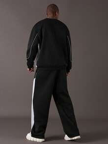 STYNVO Men's Plus Size Black Long Sleeve Raglan Sweatshirt And Regular Length Pants Set With Side Stripes For Gym And Commuting - Black - View 2