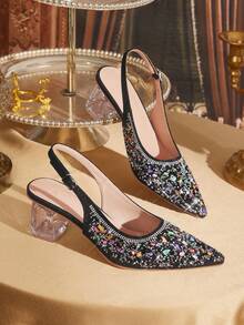 CUCCOO TILAWA 女士水晶镶钻尖头黑色高跟鞋，适合外出、宴会、派对及其他场合 - 黑色 - 查看 1