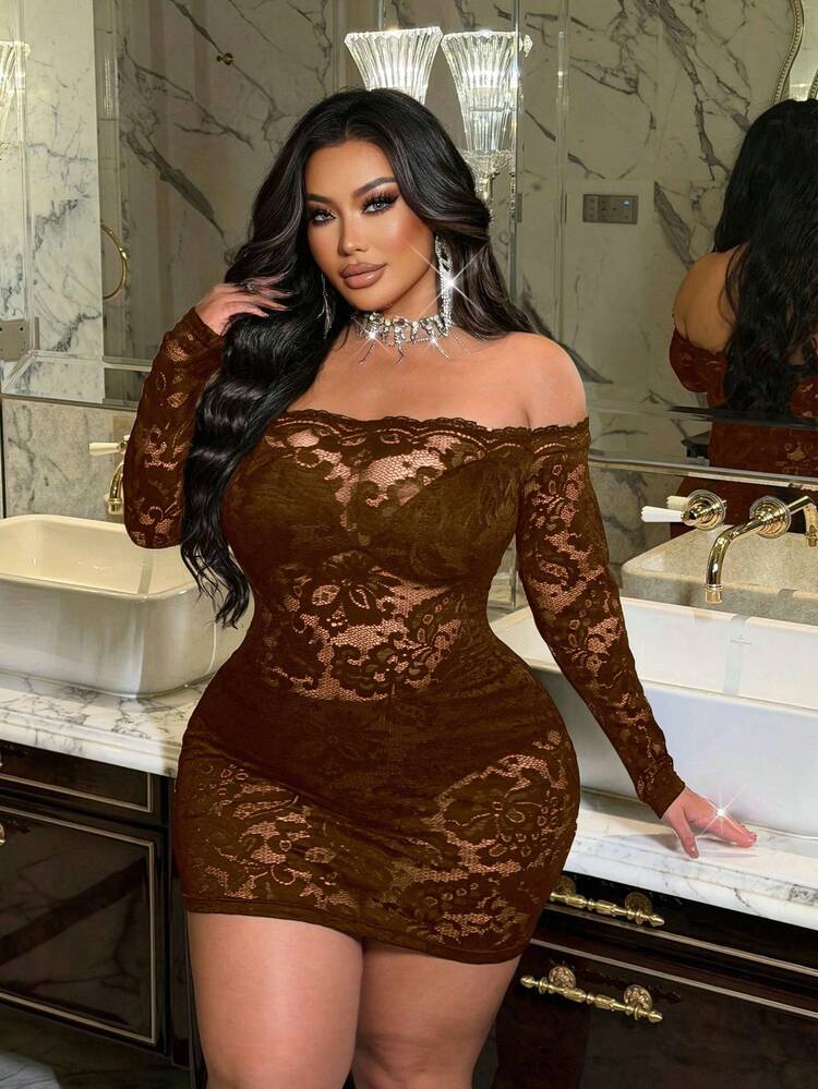 NU&NOW Plus Size Lace Sexy Sheer Floral Splice Off-Shoulder Long Sleeve Dress - Brown - View 1