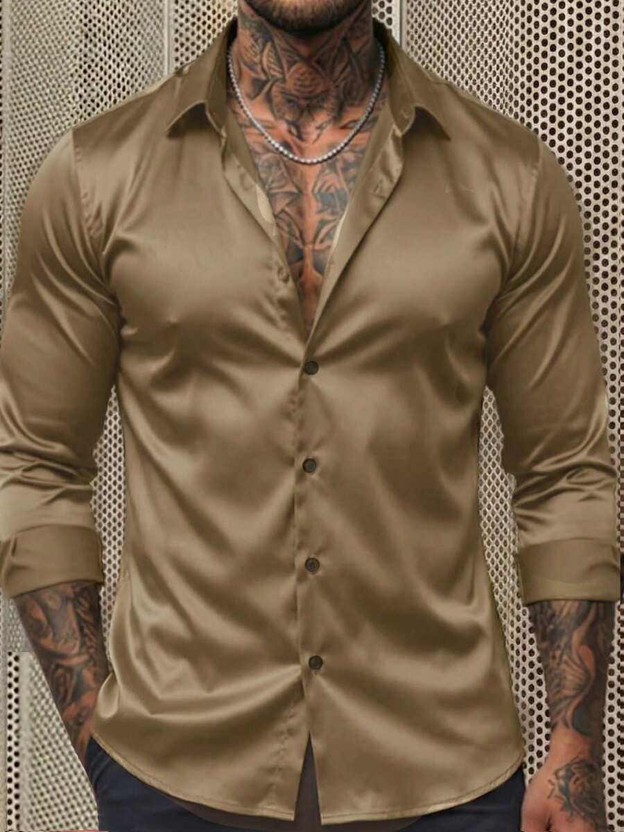 HIMLAND 男士纯色长袖单排扣休闲/商务衬衫 真丝衬衫 男士缎面衬衫 男士金色衬衫 男士棕色纽扣衬衫