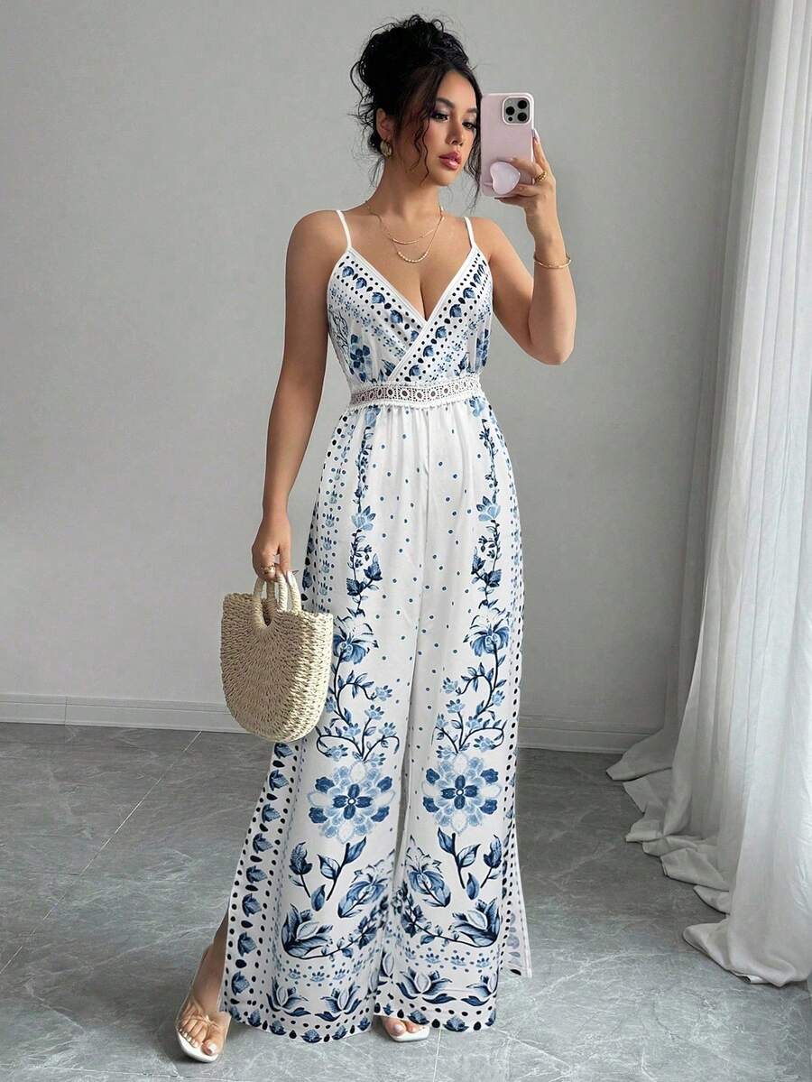 Rafferiza Bộ jumpsuit ống rộng, eo ren thanh lịch dành cho nữ, jumpsuit dự tiệc cưới, jumpsuit mùa hè, jumpsuit in hoa, jumpsuit phong cách boho, jumpsuit đi nghỉ mát, trang phục bohemian cho nữ, jumpsuit thanh lịch cho nữ, trang phục dài đi biển cho nữ. - Màu xanh lam - Xem 1