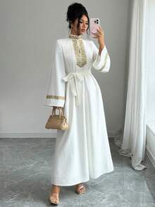 Elenzga 女士优雅闪亮休闲蕾丝腰身连衣裙 - 米色 - 查看 7