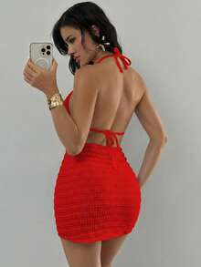 SHEIN Swim 3pcs Vacation Beach Swimsuit Set, Hard Cup - Red - View 4