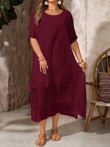 Vestido casual de talla, cuello redondo, sin botones, bajo asimétrico y fluido, estilo bohemio, adecuado para primavera y verano - Óxido marrón - Ver 6