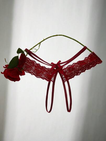 SHEIN 1pc Petitdoll Bow Lace Crotchless Sexy Panties For Women