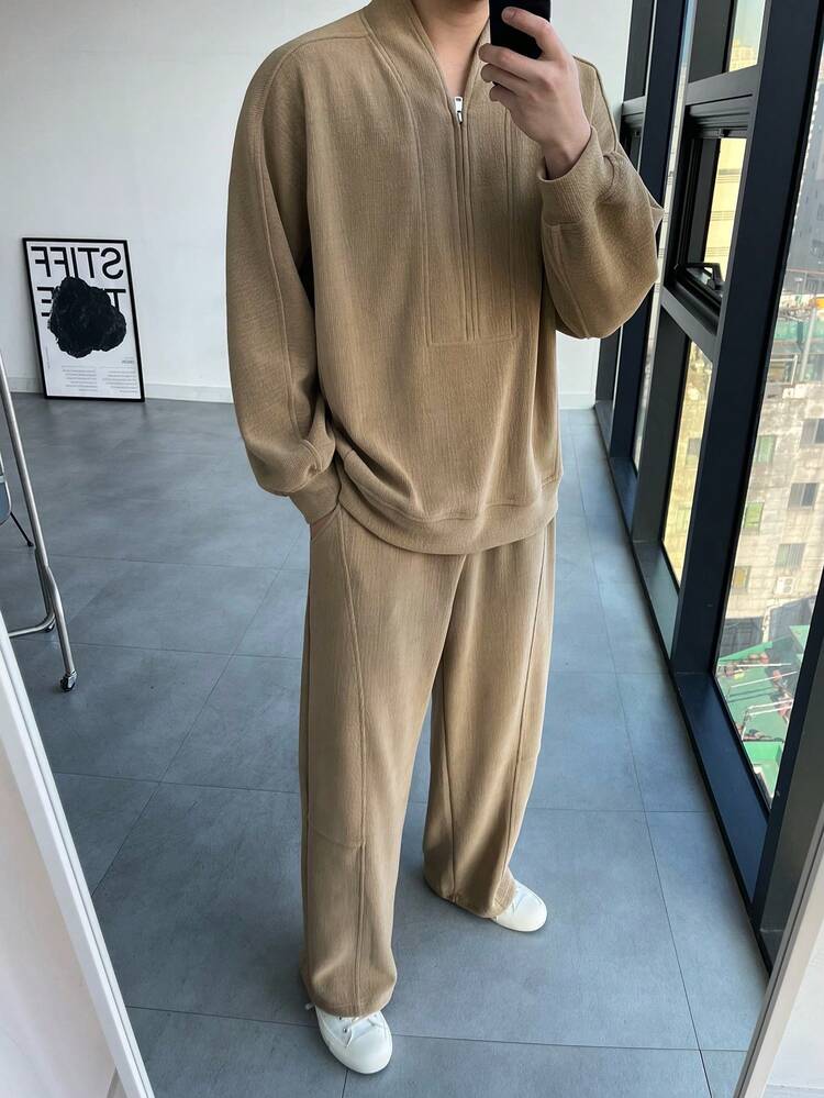 Men's Casual Everyday Commute Simple Solid Color Half-Zip Sweatshirt And Sweatpants Set, Spring/Autumn