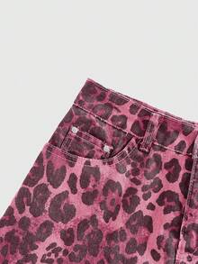 ROMWE Grunge Punk Y2K复古性感十字链装饰豹纹图案女式牛仔迷你裙 - 粉色 - 查看 3