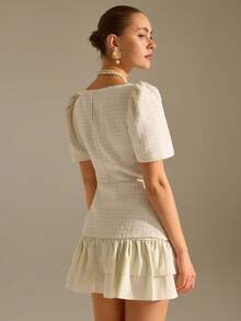 CLARA VERO White Tweed Puff Sleeve Layered Ruffle Skirt Set: Slim Fit And Girly Peplum Shape, Perfect For Afternoon Tea Parties Or Elegant City Events, Made In Non-Elastic Textured Polyester Featuring Gold Button Down Front And Double Layered Skirt White Vintage Dress Square Neck Blouse French Style Dress Tweed Two Piece Set - Olive Green - View 7