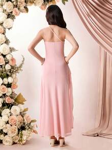 Pitira Kids Elegant Pink Summer One Shoulder Maxi Dress,Asymmetric Ruffle Hollow Out High Slit Princess Gown For Prom,Wedding,Bridesmaid And Formal Evening - Pink - View 2