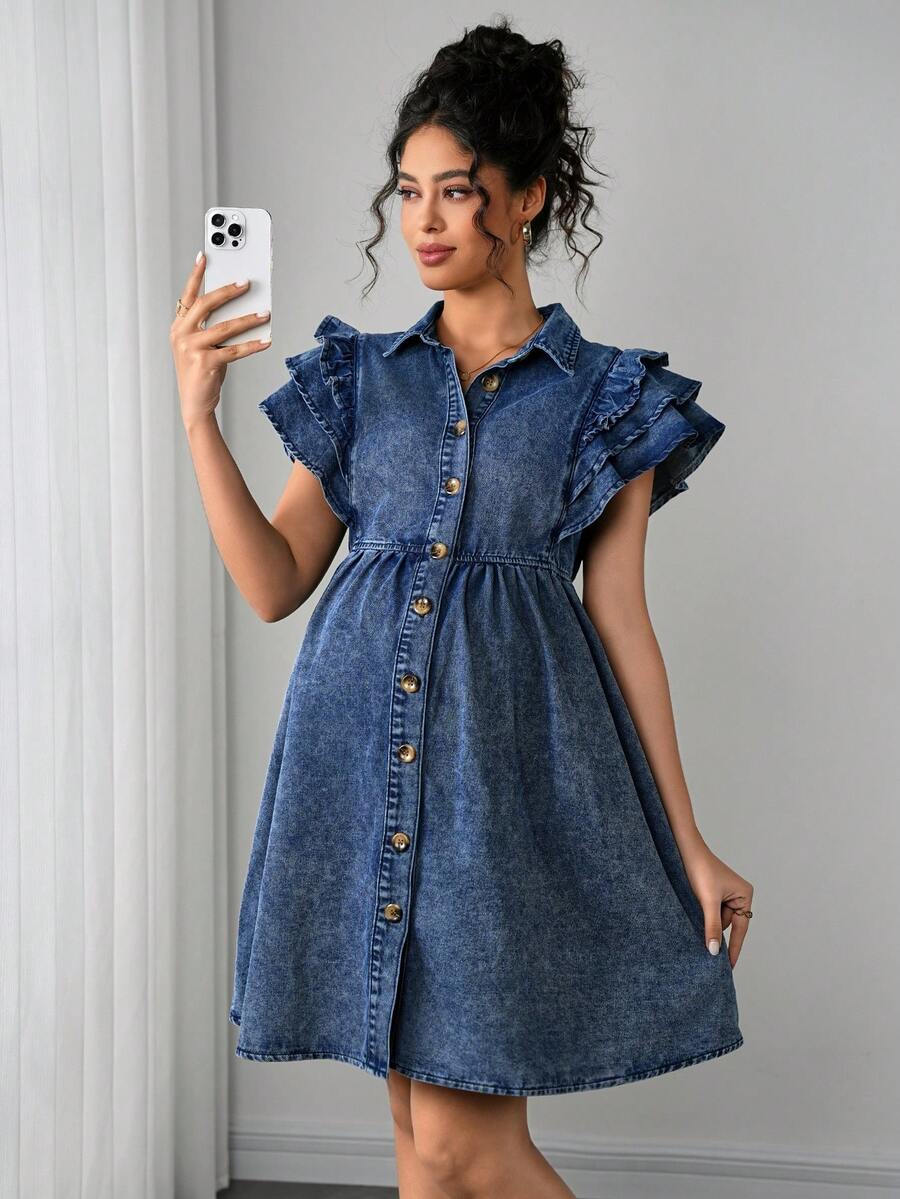 Momance Fashionable & Elegant Ruffle Sleeve Button Front Maternity Denim Dress - Blue - View 1