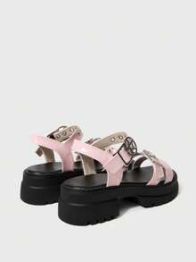 ROMWE Sandal nữ mùa hè hở mũi phong cách rock punk goth tối màu, sandal đế xuồng quai sao, giày mùa xuân, lễ Phục sinh, Halloween và Giáng sinh. - Màu hồng sáng da - Xem 4
