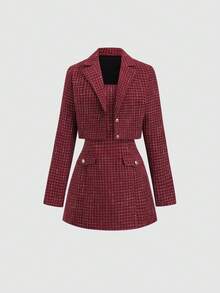 SHEIN PETITE Burgundy Plaid Blazer Jacket + Strapless Mini A-Line Dress 2 Pieces Set For Women, Autumn/Winter - Burgundy - View 7