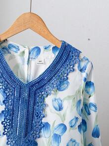 Tween Girl Floral Print V-Neck Lace Patchwork Long Sleeve Dress - Blue - View 7