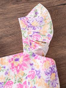 SHEIN 少女碎花荷叶边领休闲连衣裙 - 粉色 - 查看 5