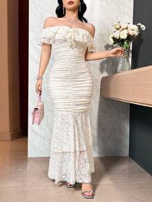 Feyla 女士优雅纯色蕾丝露肩鱼尾连衣裙 - 米色 - 查看 1