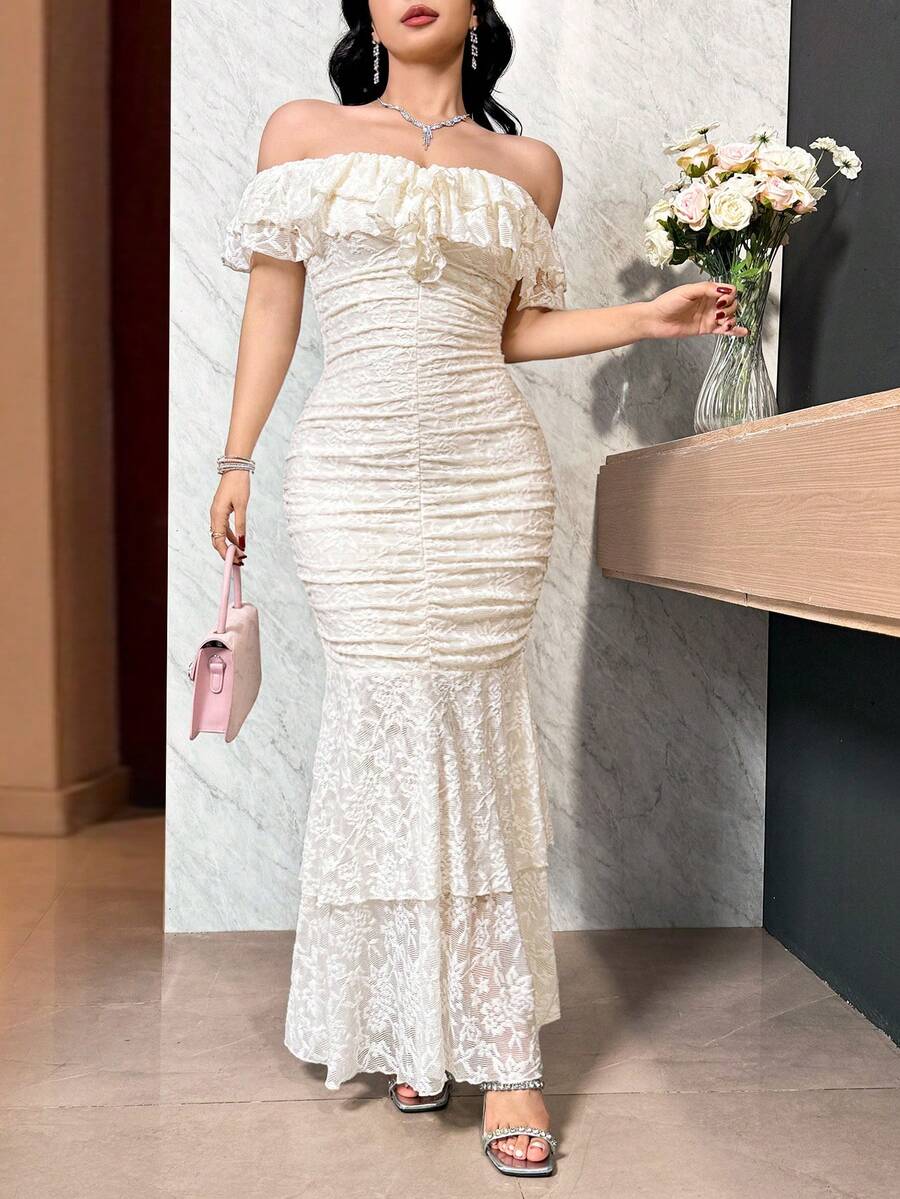 Feyla 女士优雅纯色蕾丝露肩鱼尾连衣裙 - 米色 - 查看 1