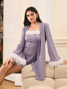 Moireta Women's Fuzzy Patchwork Long Sleeve Robe And Slip Dress,Elegant 2 Piece Lavender Pajama Set,Autumn Lounge Sleepwear,Soft Summer Colour Palette - Purple - View 5
