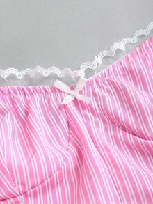 SHEIN Sweetro 2pcs Women Lace Patchwork Striped Bandeau Top And Straight Leg Pants Set - Pink - View 7