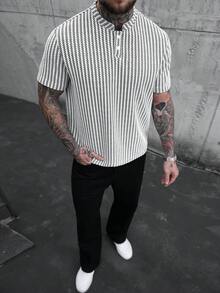 SLATEMANN Men's Casual Striped Quarter Button Short Sleeve Polo Shirt, Summer Mens Knit Shirt Men Buttoned Knitted Polo - Black and White - View 4