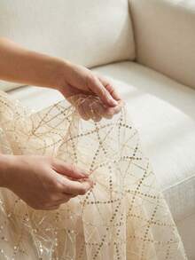 Franclia Elegant Satin Pearl Halter Neck A-Line Dress With Sequined And Sequined Trim, Perfect For Parties, Dates, Minimalist Style, And Sophisticated Looks. Suitable For Summer, Summer Wear, And Various Occasions. Also Suitable For Weddings, Parties, And Events. Ideal For Bridesmaids, And More. - Apricot - View 4