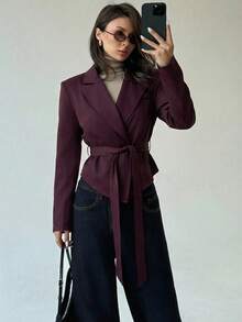 Aloruh 女士休闲/办公通勤简约纯色尖领系带西装外套 - 酒紅色 - 查看 7