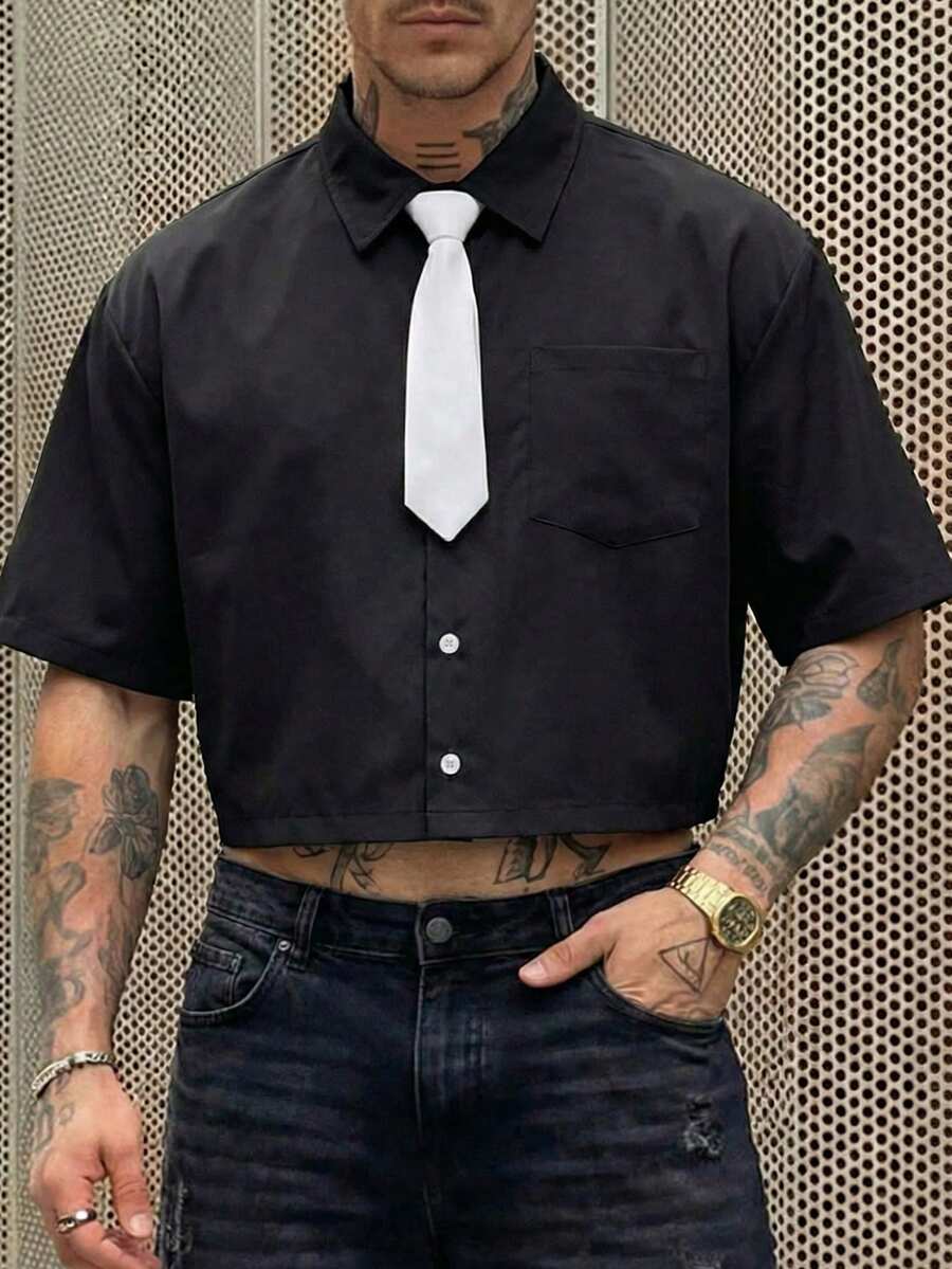 HIMLAND Men's Casual Woven Pocket Letter Embroidered Loose Short Sleeve Shirt Daily Essential Wardrobe Staple Basic Style All-Match Style Go-To Piece Mix-And-Match Item Casual Versatile Style  Premium Textured Fabric - Multicolor - View 1