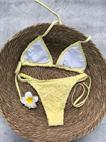 Swim Mod 2pcs Women's Yellow Summer Casual Beach Holiday Vacation Holiday Bikini Set,Textured Halter Backless Triangle Top & Ruched Shorts Outfit,Resort - Yellow - View 2